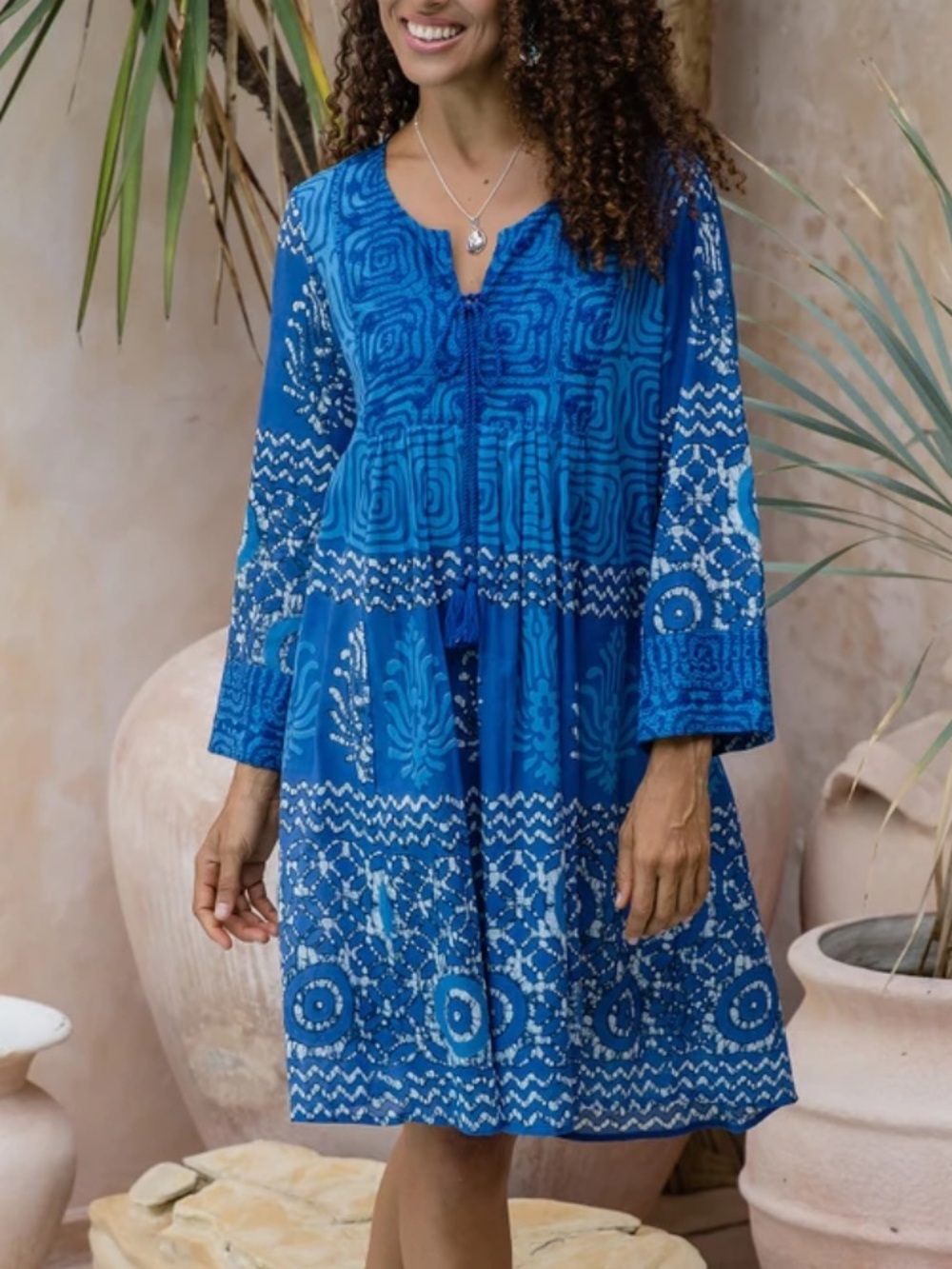 NOVICA The 💯 Cotton Embroidered Heavenly Blue Made In India Batik Dress SZ: L